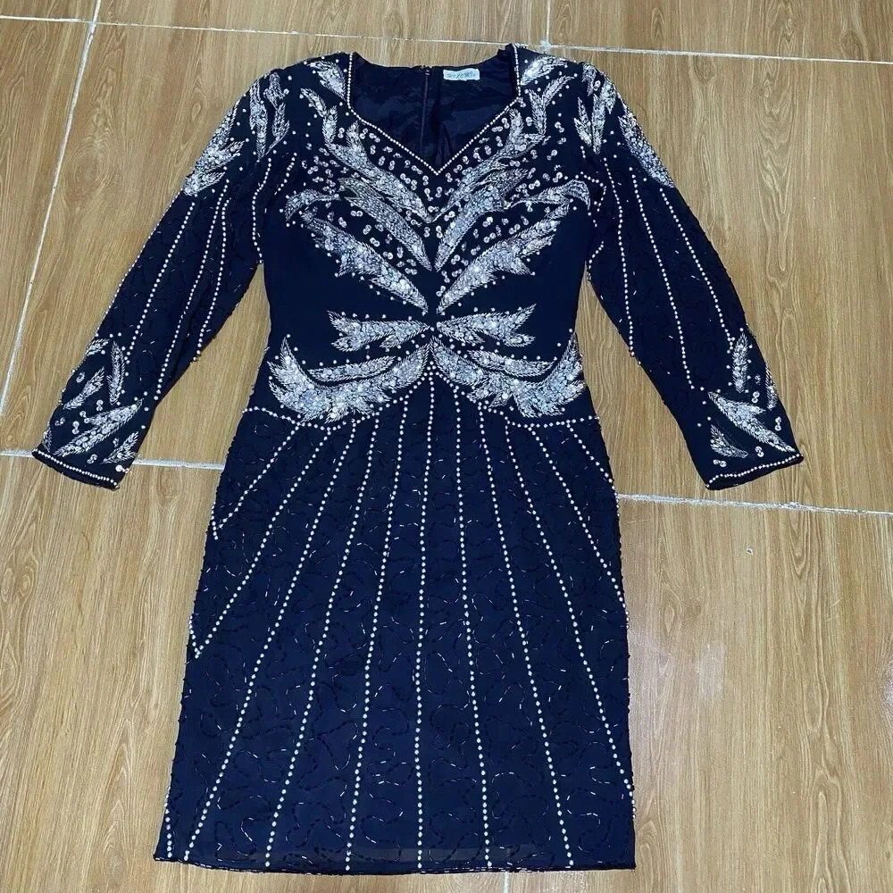 VTG Hilomi Black Silver All Over Sequins Beads Embroidery Midi Dress L/XL Party